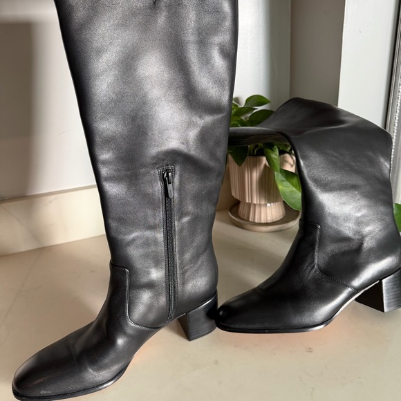 Vince Black Leather Wide Calf Heeled Knee-High Boots - Picture 6 of 9